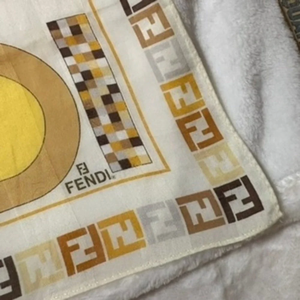 Vtg FENDI Scarf Handkerchief Zucca Logo Brown Tan Yellow 22